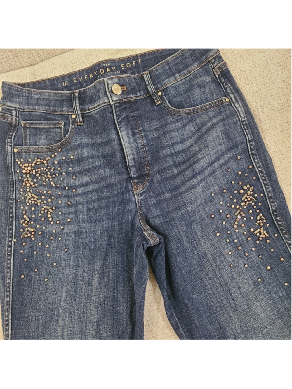 WHBM Jeans Womens Sz 10 Blue The Everyday Soft Skinny Flare High Rise Rhinestone
